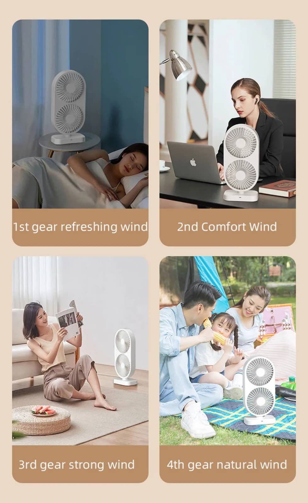 120° Adjustable High Speed Portable Double Head Desk Fan Rechargeable Fan with 4 Speeds Cooling Fan_000280